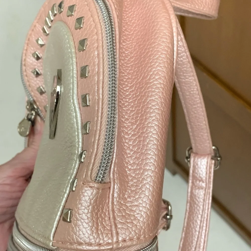 Justice pebble studded pink grey mini backpack top zip + outer zip pocket